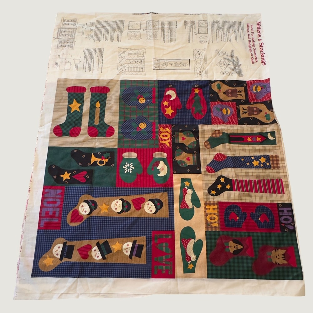 Vintage Cranston Print Works Christmas Mittens Stockings Cotton Fabric 2 Panels